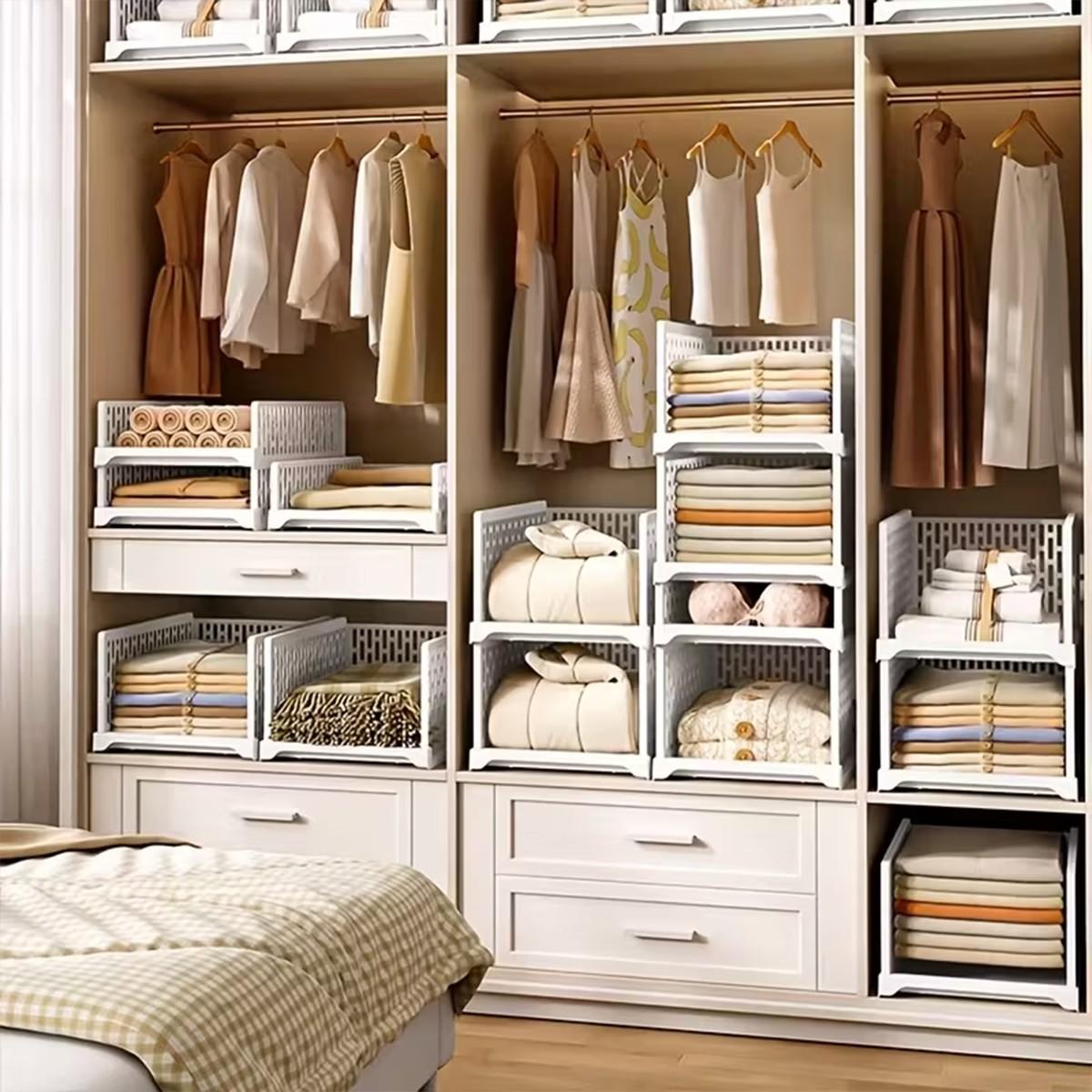 Stackable Plastic Storage Baskets, Foldable Closet Organizer Boxes, Wardrobe Container & Drawer Rack, Suitable for Cabinets, Bedroom, Dormitory, Bathroom, Kitchen, Office, Stackable Design