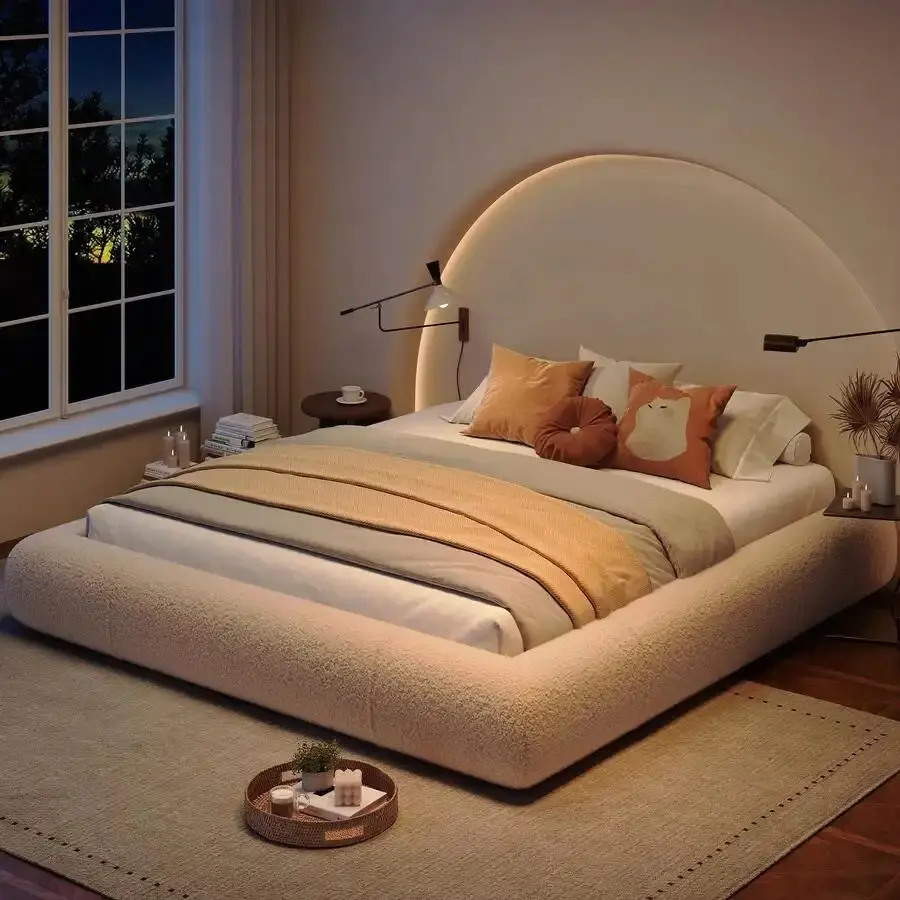Classic Beige Upholstered Boucle Cloud Bed Frame - Curved Edges Design, Anti-Collision Soft Platform Bed, Easy Assembly