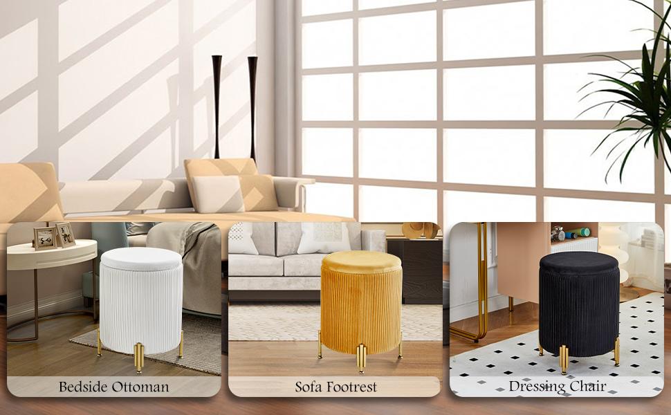 Round Ottoman Foot Stool with Storage and Metal Legs for Living Room Bedroom, Velvet Upholstered Footrest Stool Support 300lbs Modern Padded Seat Ottoman Coffee Table, Autumn, Winter, Warm