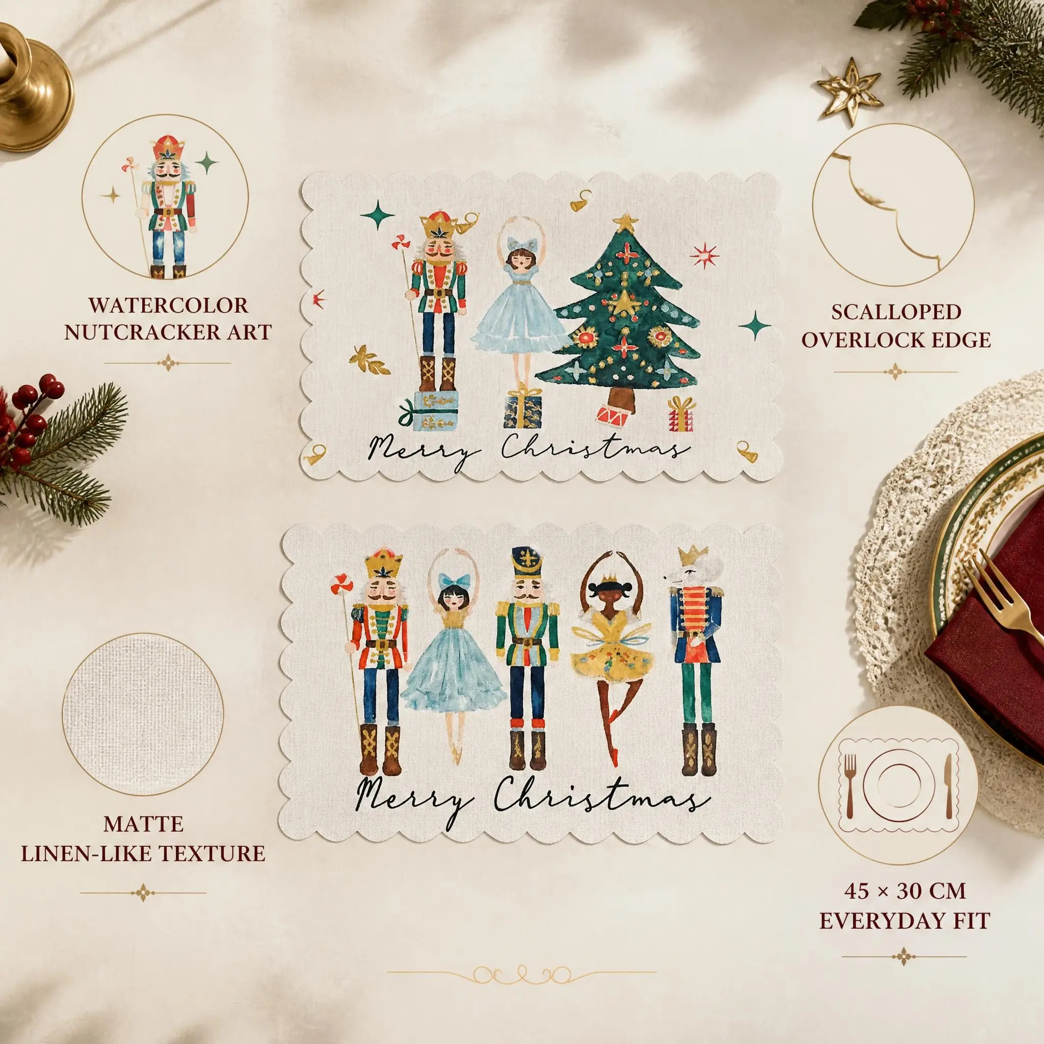 Vintage Nutcracker Christmas Linen Placemats, 2/4 Piece Set, Heat Resistant, Stain-Resistant, Home Decor, Western Dining Placement Mats