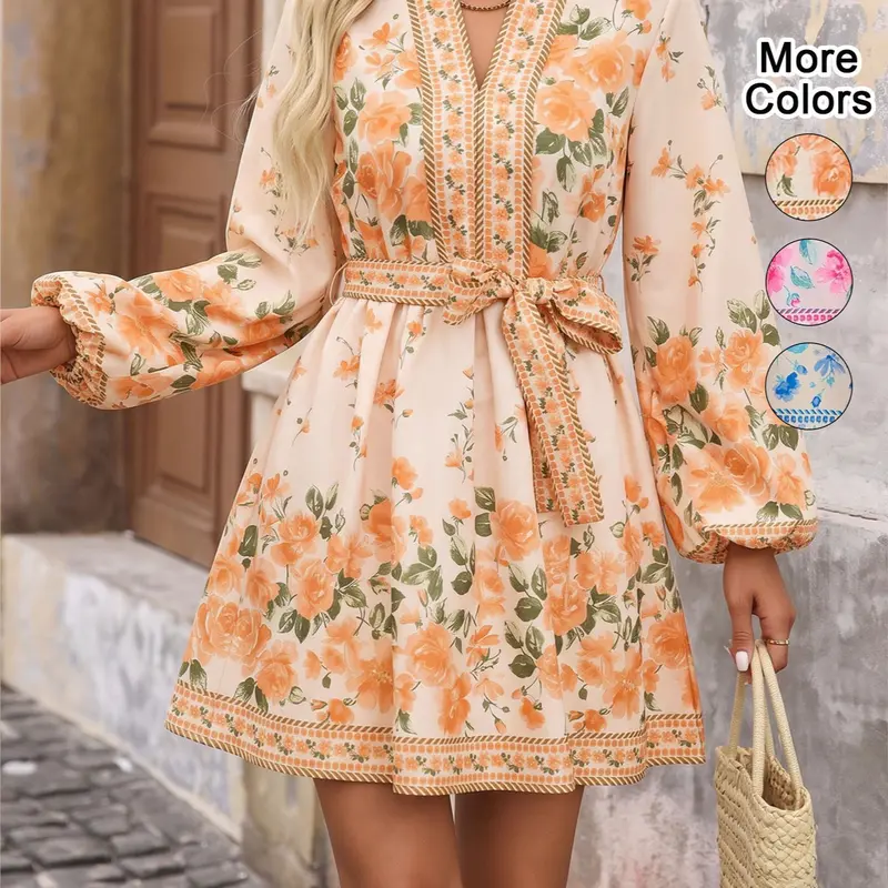 Elegant Floral Print Long Sleeve Fitted Dress with Belted Waist, Lantern Balloon Sleeves Short Dress for Fall, Winter & Spring Parties Womenswear, Bohemian Boho, Dresses with Sleeves