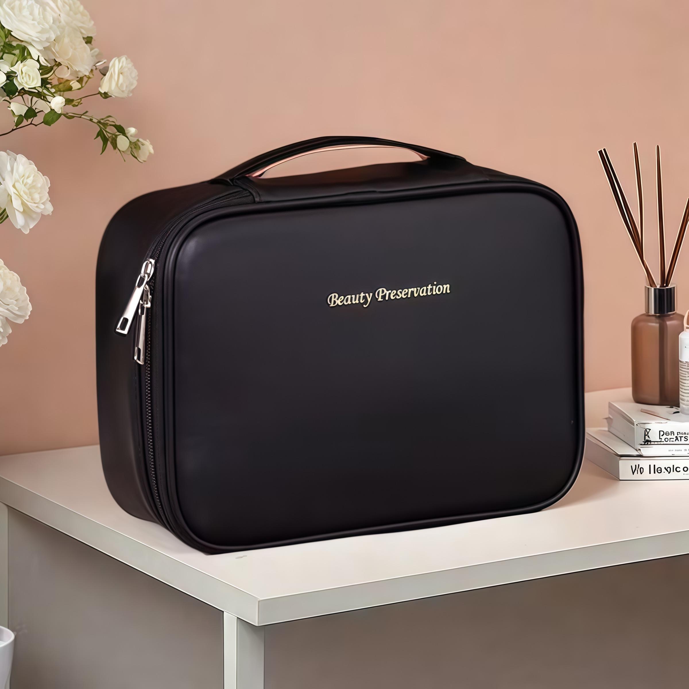 Large Capacity Multi-Layer Makeup Organizer Box, Elegant Design with Removable Brush Holder, Adjustable Compartments for Cosmetics Storage, Cover, Desktop Storage Organizer