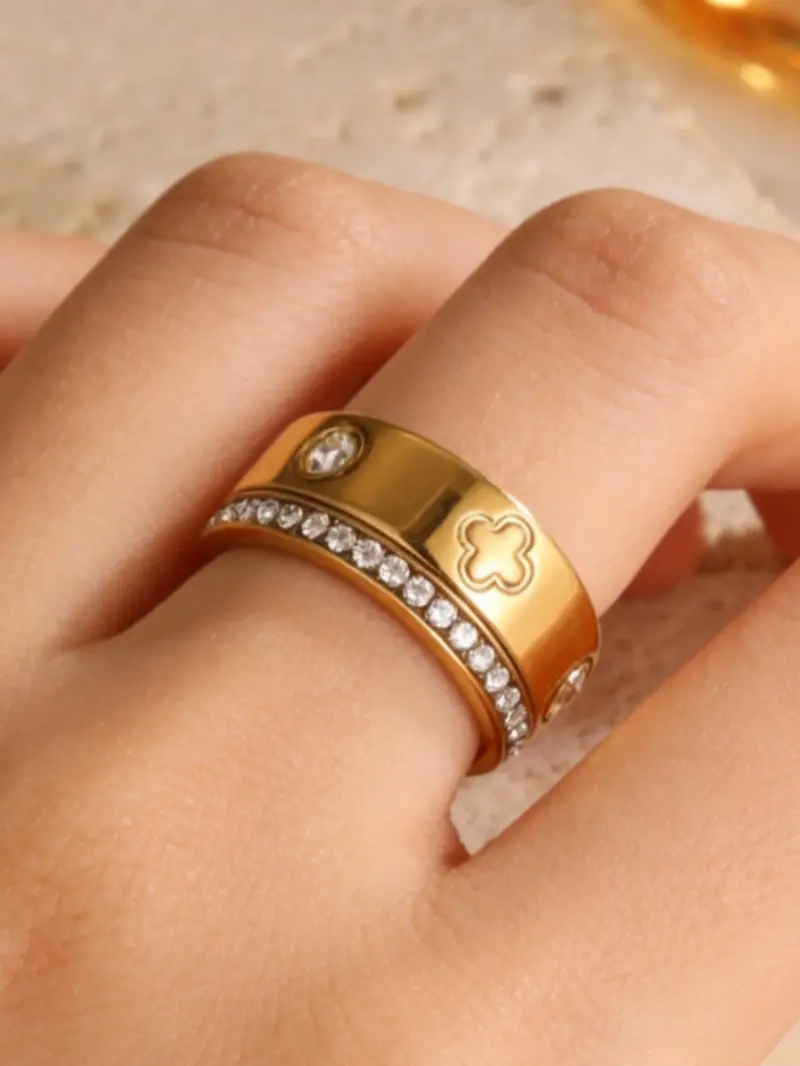 2pcs Stainless Steel 18K Gold Plated Four-Leaf Clover Rings, Couple's rings Elegant Hoop Jewelry For Women, Elegant Fashion Rings, Suitable For Daily Wear And Gift