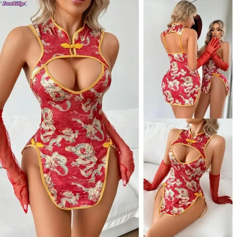 Women’s Sleeveless Dragon‑Print Qipao Mini Dress, Vintage‑Inspired High‑Slit Bodycon Cheongsam, Bold Asian‑Style Club‑Wear Outfit for Party, Night‑Out & Festival Occasions