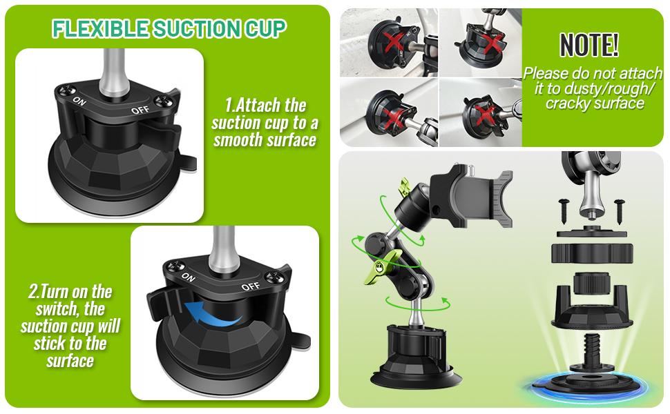 Joytutus 360° Rotating Suction Cup Phone Mount for Car Universal Ball Head Arm Adjustable Holder for Video Recording Vlogging Dashboard Windshield Sunroof with Strong Suction Power and Easy Installation