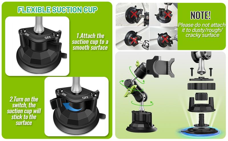 Joytutus 360° Rotating Suction Cup Phone Mount for Car Universal Ball Head Arm Adjustable Holder for Video Recording Vlogging Dashboard Windshield Sunroof