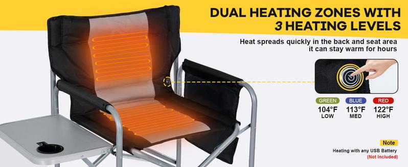SLSY Heated Director Chair Camping Chairs for Adults with Side Table, Folding Portable Lawn Chairs or Outdoor Camping, Travel, Picnic, Support 5500lbs【Batteries not included】