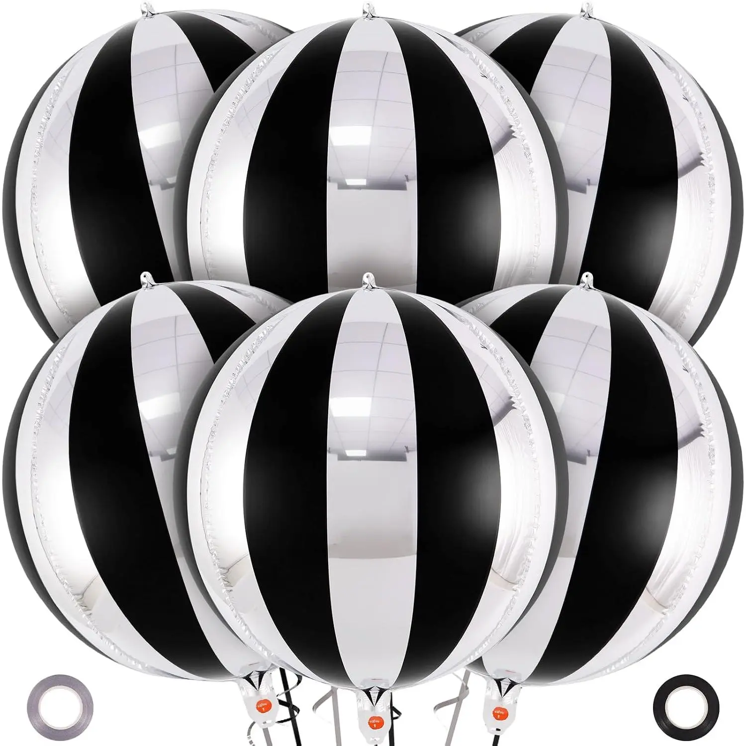 Black and  Striped Balloons, 22 Inch Metallic Round Foil Balloons, 6 count  and Black Mylar Balloons for Birthday Disco  Year Party Decorations