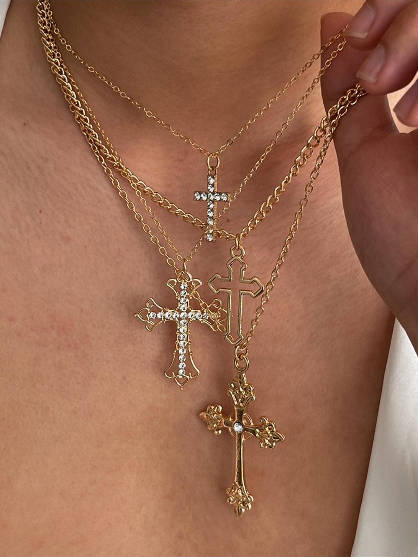 4 Piece Hip Hop Punk Rhinestone Cross Chain Design Pendant Necklace Set, Multi-Layer Stacked Wear, Trendy Personalized Jewelry for Men and Women 4 Piece Hip Hop Punk Rhinestone Cross Chain Design Pendant Necklace Set, Multi-Layer Stacked Wear, Trendy Personalized Jewelry for Men and Women