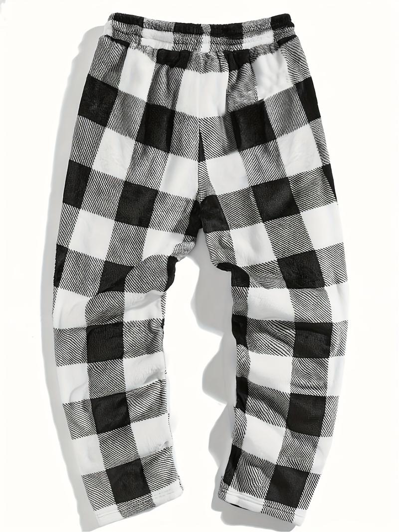 Unisex Plaid Fleece Print Drawstring Pants, Casual Daily Wear, Winter Warm Sleepwear, Christmas Gift, Long Pants