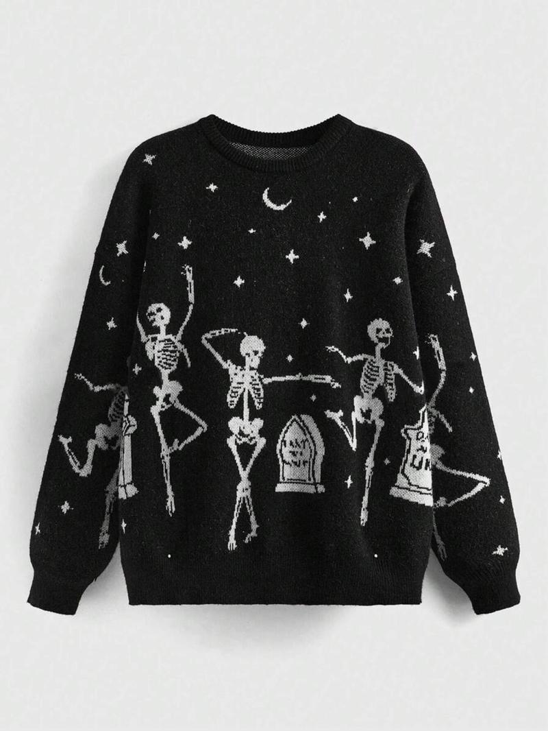 Women's Halloween Skeleton & Star & Moon Print Round Neck Sweater, Casual Long Sleeve Crew Neck Jumper for&nbsp;Fall, Halloween Costumes Woman 2024, Fashion Ladies' Knitwear for Daily Wear