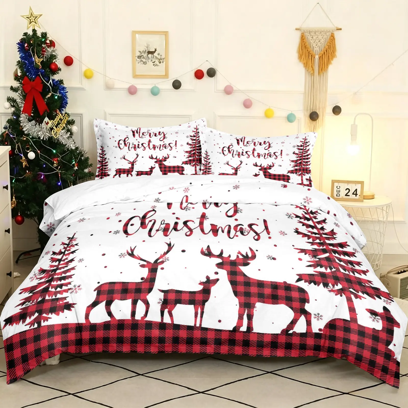 Buffalo Plaid Reindeer Christmas Decorative Duvet Cover Set (1 Duvet Cover + 1-2 Pillowcases), Soft Skin Friendly Breathable All Season Bed Linen, Xmas Tree Deer Printed Bedding Set, Holiday Bedroom & Dorm Decor