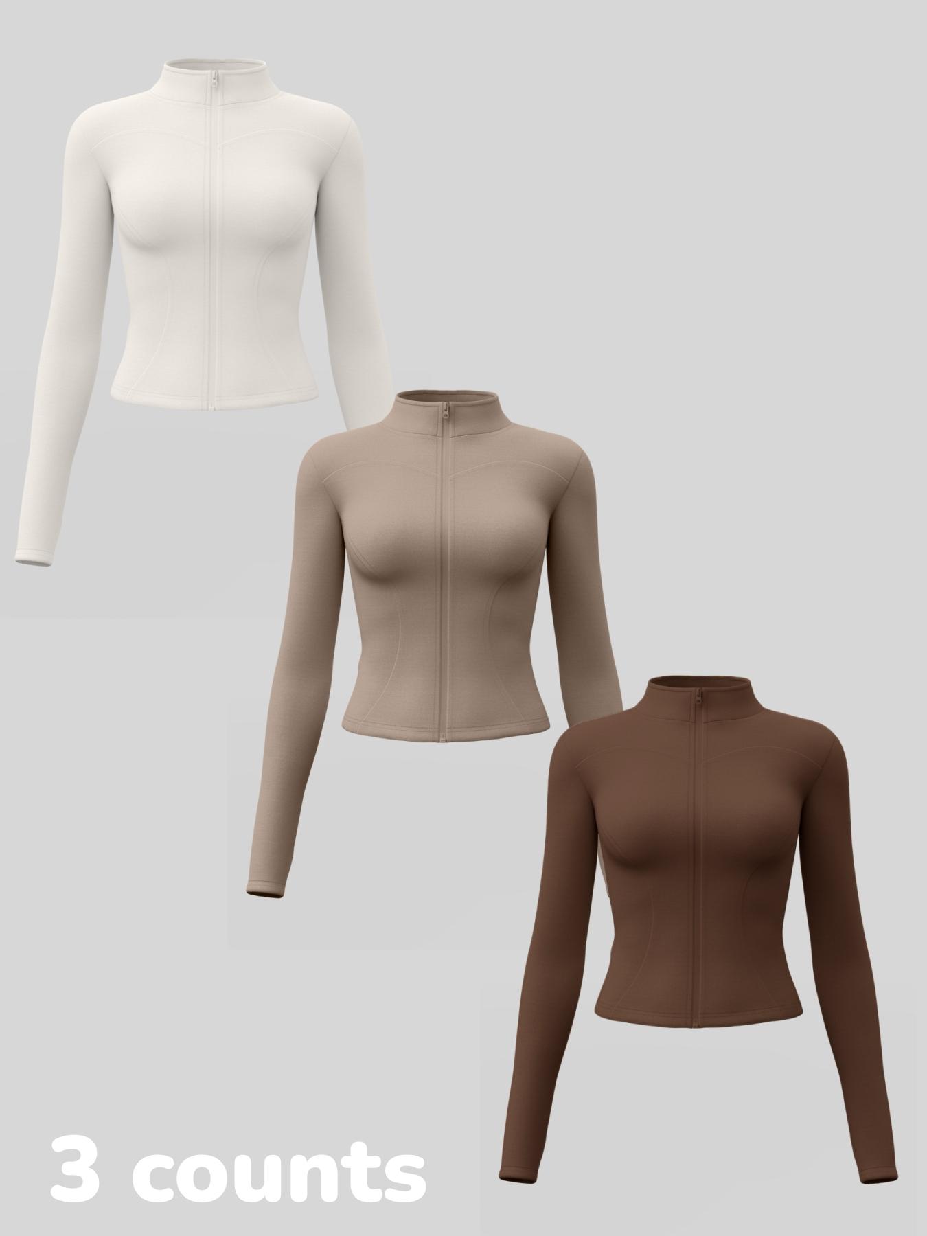 Women's Long Sleeve Yoga Jacket Set, Sports Outerwear, High Neck Zipper Closure, Quick-Dry Fitness Top, Tight-Fitting Sports Wear, Athletic Sports Clothing, 3 Piece Pack