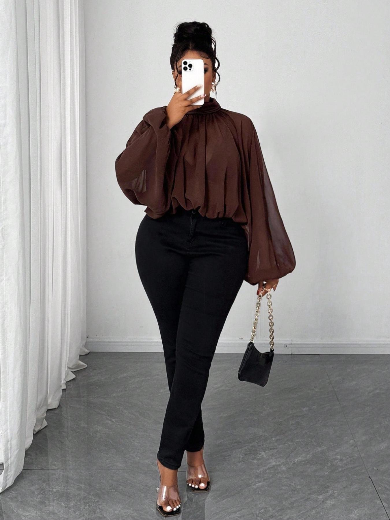 Women's Casual Fashion Top, Pure Color Stand Collar Lantern Sleeve Ruched Design, Spring & Fall Women's Clothing