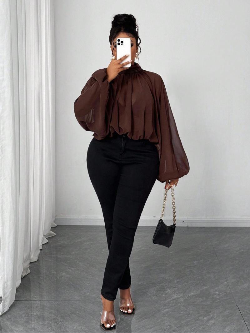 Women's Casual Fashion Top, Pure Color Stand Collar Lantern Sleeve Ruched Design, Spring & Fall Women's Clothing