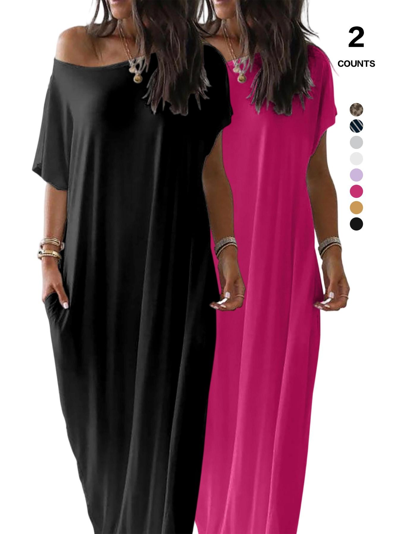 Women's Solid Color Batwing Sleeve Lounge Dress, Casual Comfy Short Sleeve Nightdress, Ladies Sleepwear for All Seasons