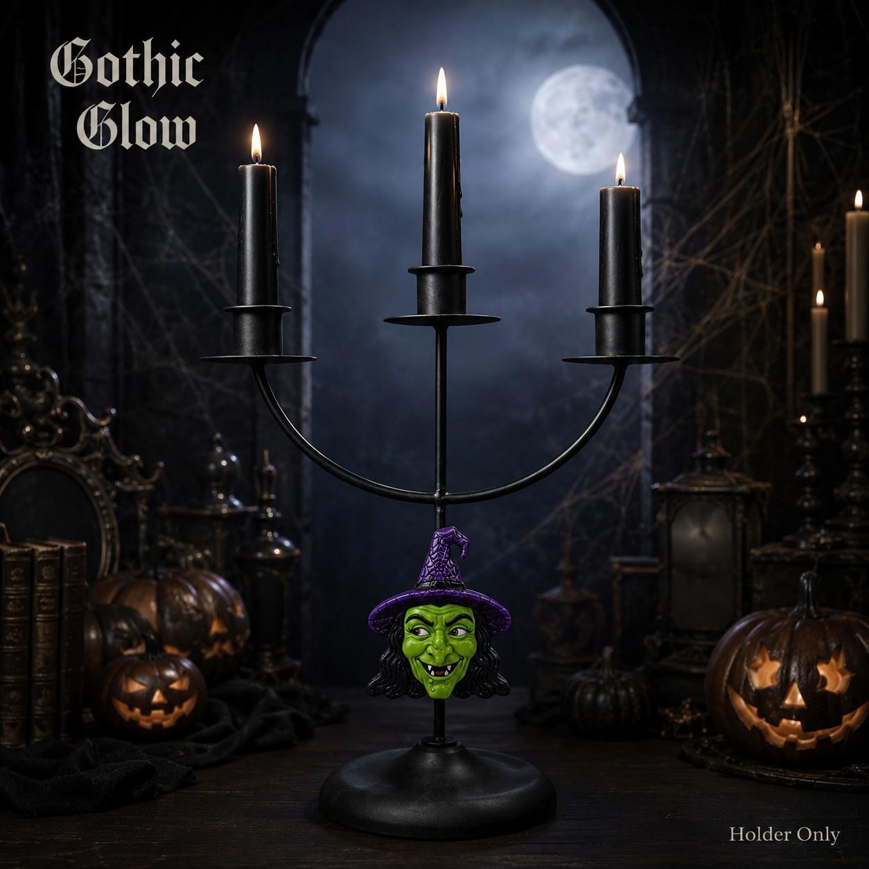 1 Piece Halloween Gothic Witch Face Iron Three Arm Candle Holder for Adults Families Table Mantel Entryway Party Decor Stable Base Black Vintage Style Fits Taper Candles for Holiday and Everyday Home Display