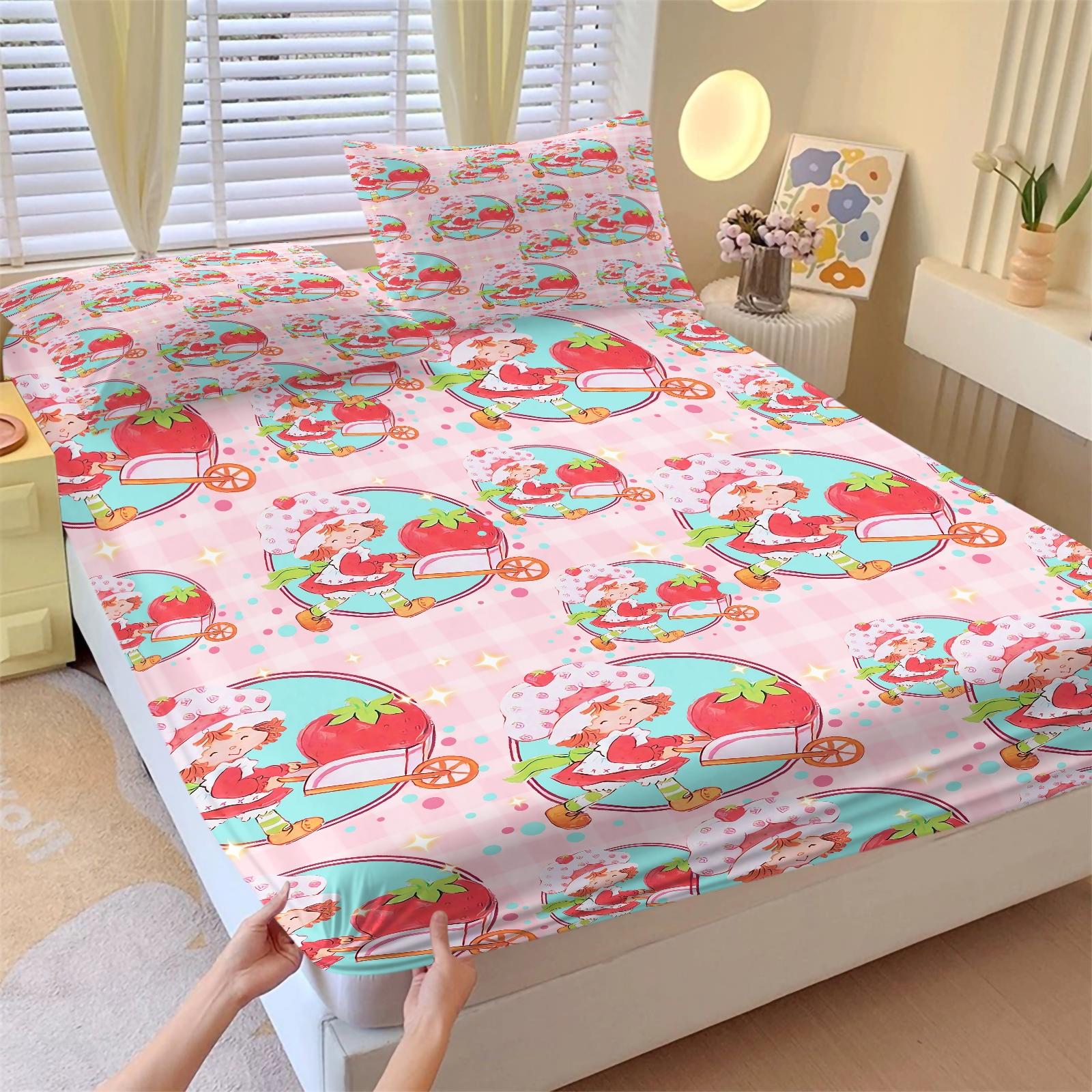 Anime Strawberry Girl Fitted Sheet Set, 1 Fitted Sheet + 2 Pillowcases - 3 Pcs Soft Breathable Bedding with Deep Pocket, 360° All-Round Wrap, Wrinkle Resistant, Cute Strawberry & Cat Cartoon Bed Sheets for Girls, Full Size