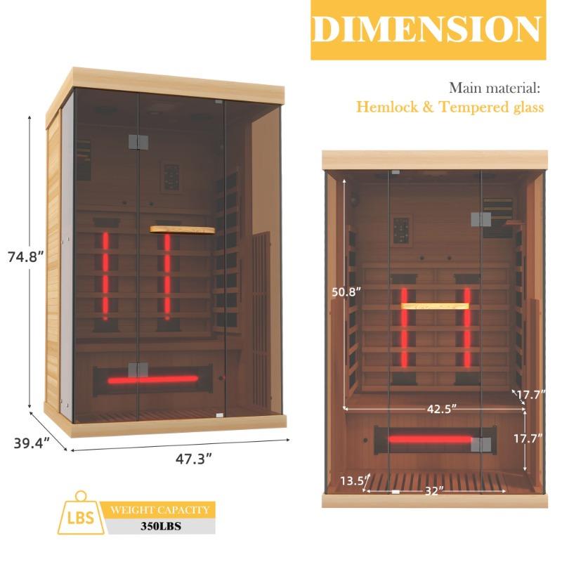 74.8'' Infrared Sauna, 1-2 Person Tempered Glass Home Sauna with 10 Minutes Warm-up Heater Tube& Carbon Panels