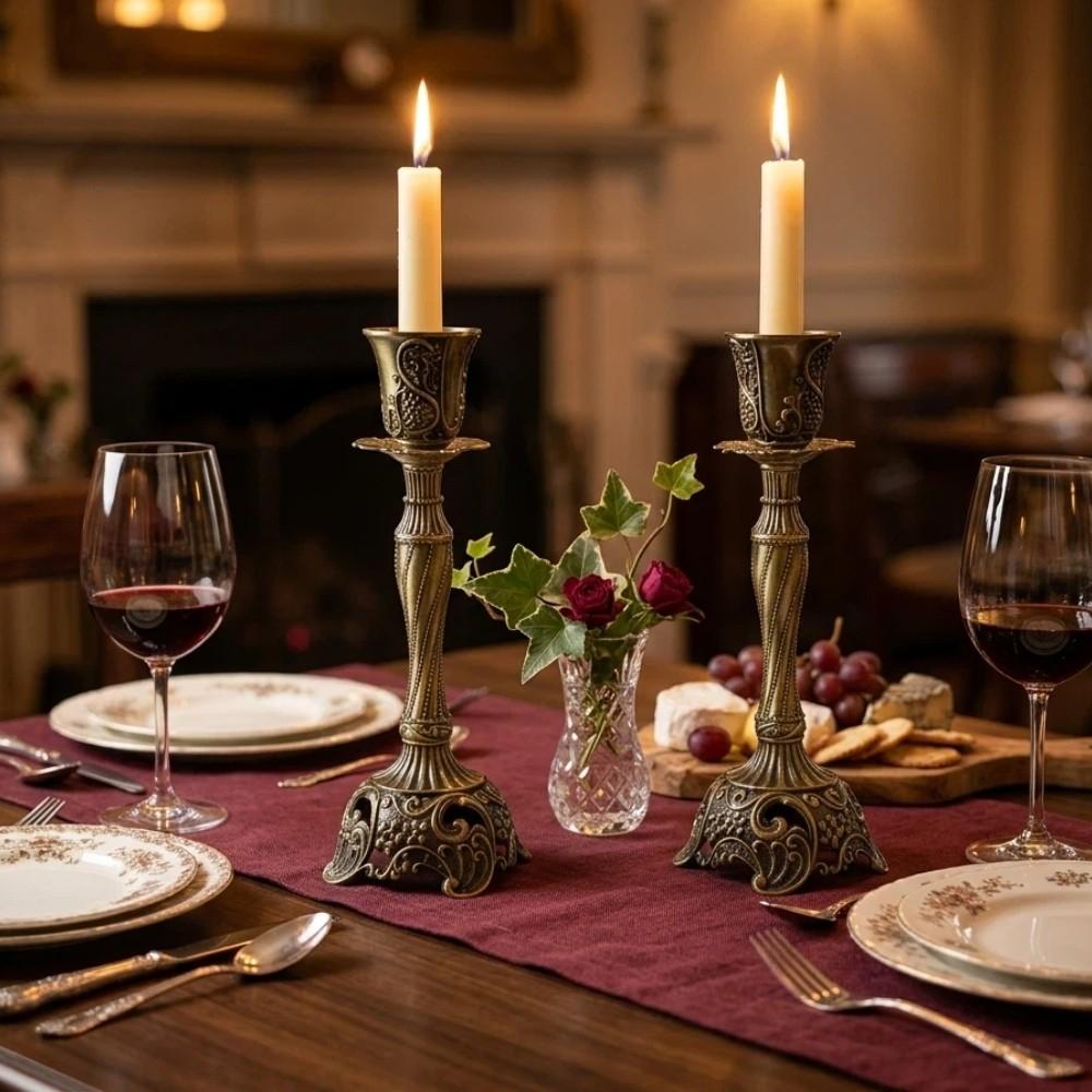 2 Piece Vintage Bronze Candle Holders, 7.4 Inch European Vintage Metal, Centerpiece for Shabbat, Wedding, Christmas, Halloween, Elegant Home Decor