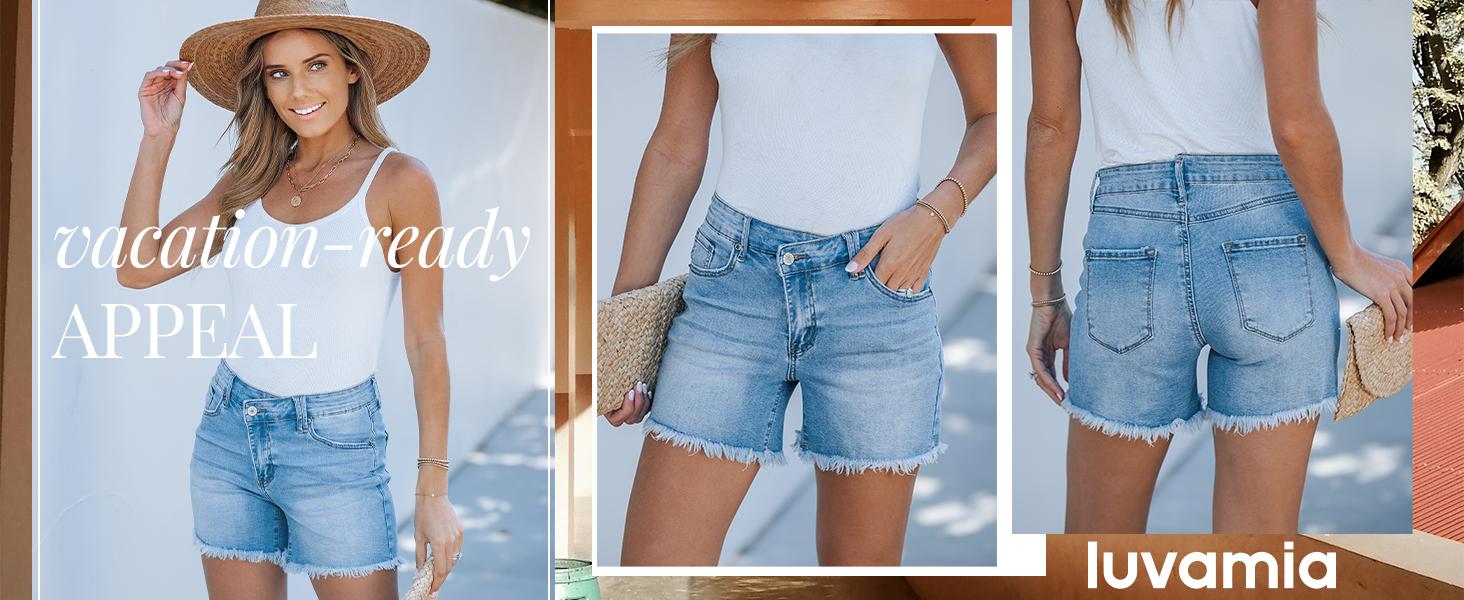 luvamia Jean Shorts for Women Low Waisted Trendy Stretchy Crossover Waist Denim Shorts Raw Hem Casual Summer Pockets nice  jeans Blue Clothes Womenswear Bottom jorts jean shorts