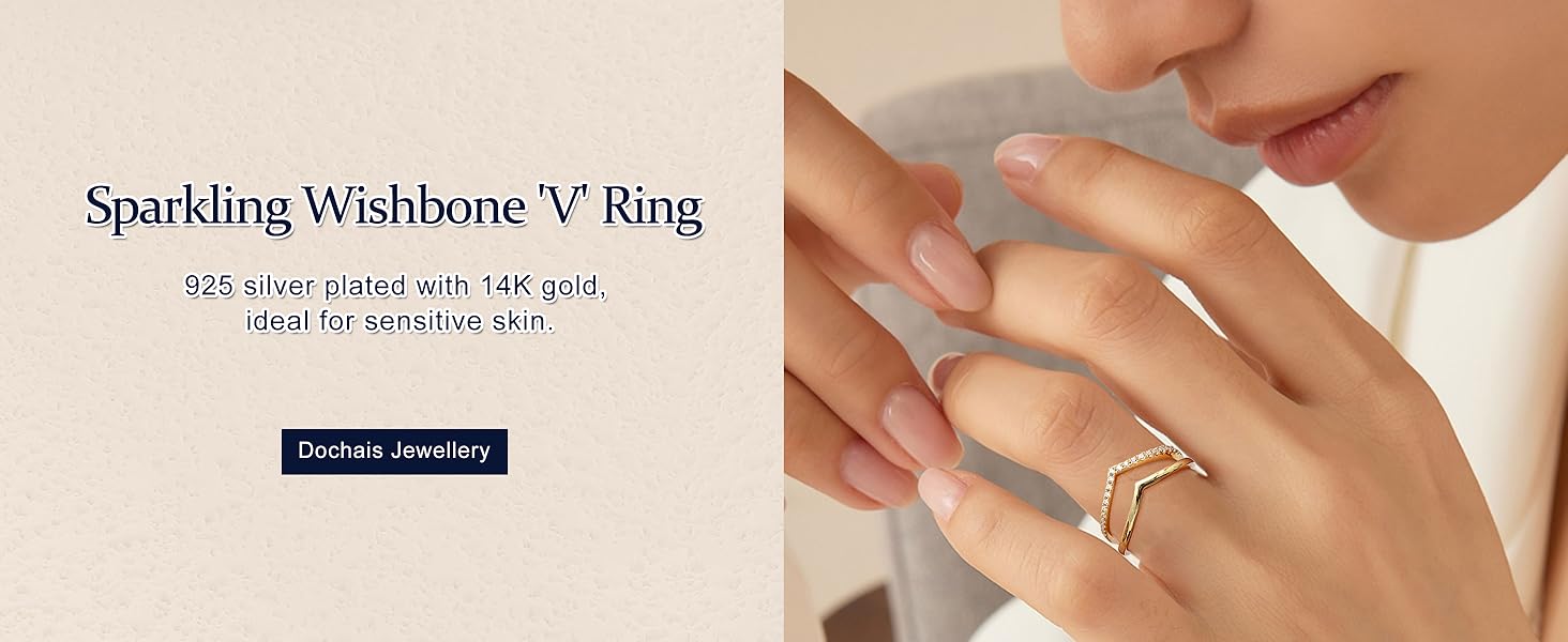 2PCS Silver Rings for Women Silver 14k Gold Plated Wishbone Ring Non Tarnish Wedding Bands Stackable Dainty V Shaped Rings CZ Wedding Rings Promise Ring Engagement 5-10