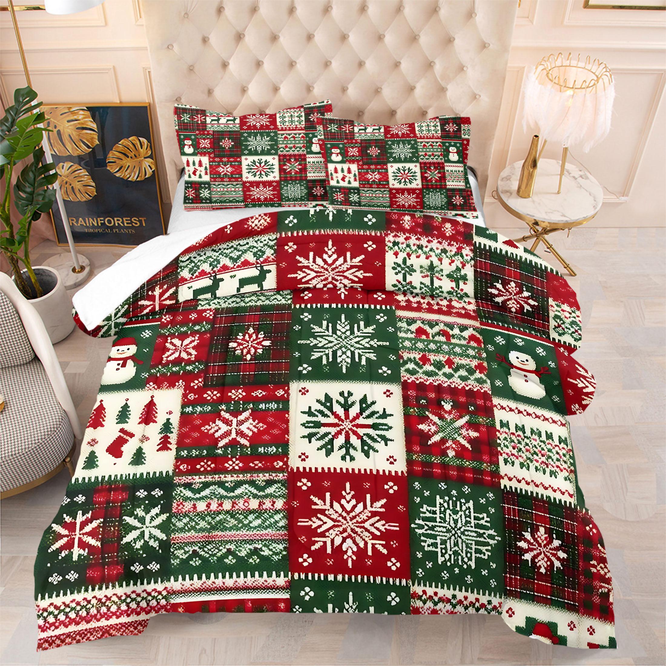 Christmas Patchwork Comforter Set, Festive Quilted Bedding Set with Snowmen, Reindeer, and Snowflakes, Cozy Holiday Decor for a Joyful Bedroom, Perfect for Winter and Holiday Celebrations, with 1 or 2 Pillowcase No Pillow Core, Bed Sheet Sets