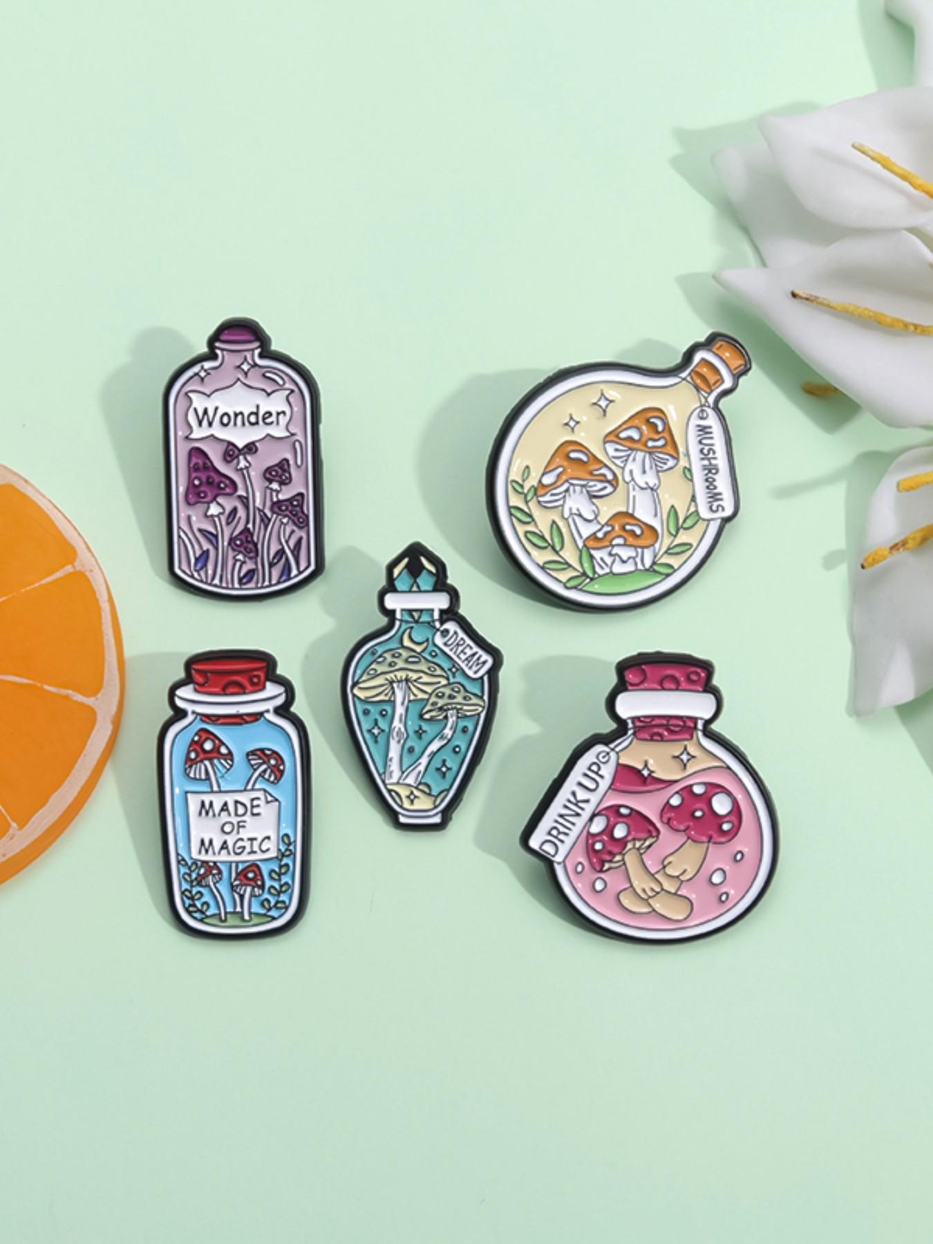 10Pcs Fantasy Magic Plant Bottle Brooch Set, Mushroom Flask & Floral Beaker Design, Fashion Clothing Accessory, Unisex Daily Wear Gift