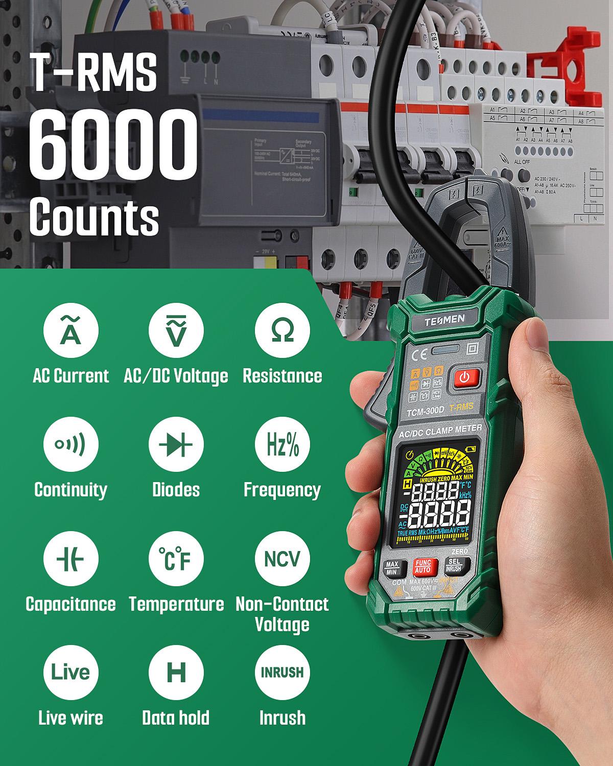 TESMEN TCM-300 Smart Clamp Meter Multimeter, 6000 Counts, Smart Measurement, Auto-Ranging with AC/DC Voltmeter, Non-Contact Voltage Detection, Measures AC/DC Volatge, Current, Resistance, Capacitance, Diode, Temperature, Continuity, Hz%