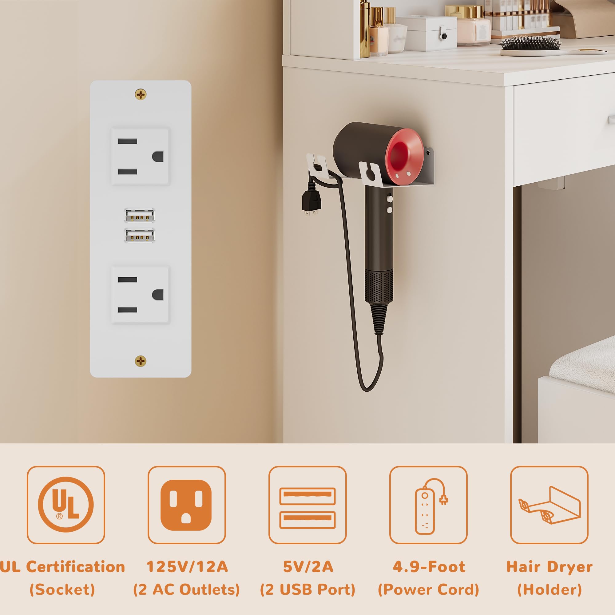 Makeup Vanity Desk with Mirror and Lights, 26.4”Small Vanity Mirror with Lights with Large Drawer and 6 Level Storage, White Vanity with Large Led Mirror with 3 Color Lighting Modes