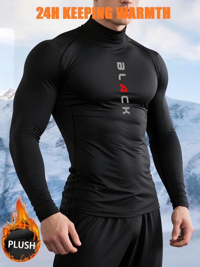 Men’s Winter Sports Top – Fleece-Lined Black Long Sleeve, Stand Collar, Stretch Fit with Graphic Print for Outdoor Training & Cold Runs, Athletic Tops
