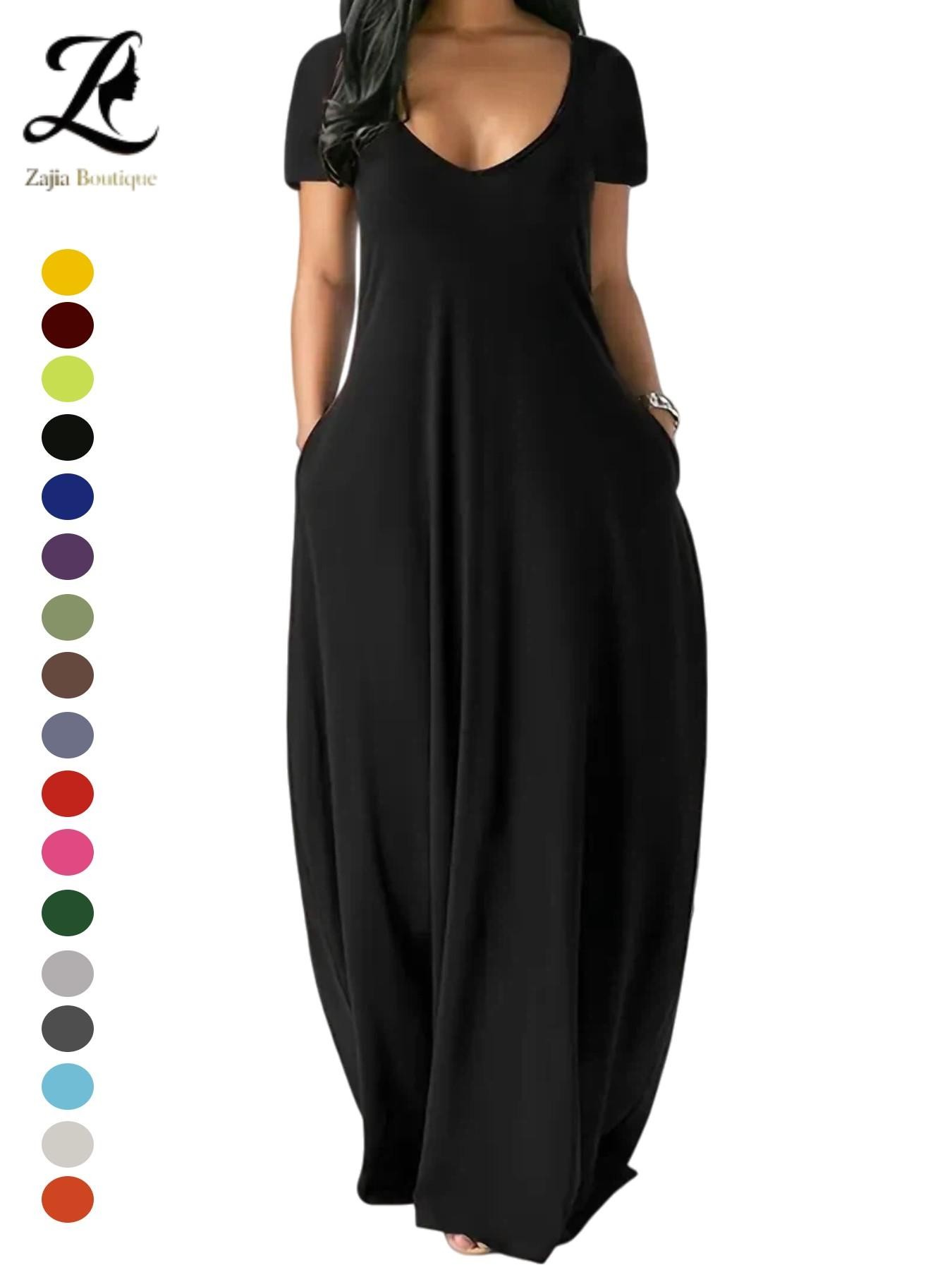 Women's Long Dress 2026, Coffee Color Everyday Casual Round Neck Short Sleeve Pockets Sleepwear, Soft Comfortable All-Season Dress