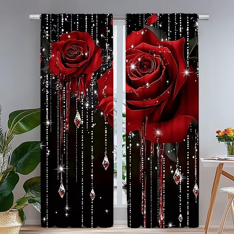 2-Piece Pearl Rose Print Window Curtain Set, Durable Semi-Transparent Polyester Fabric, Washable, Ideal for Bedroom/living Room/library