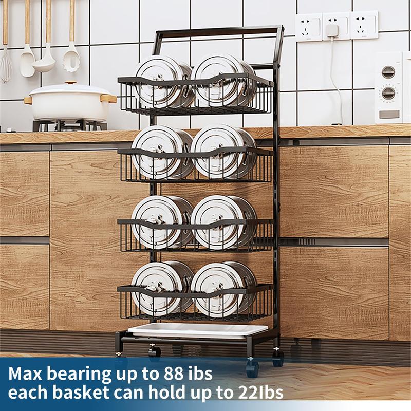 4-Tier Storage Cart with Wheels Rustproof Snack Cart Adjustable Vegetable Fruit Rack Rolling Pantry Utility Kitchen Cart with Solid Wood Handle Detachable Fruit Baskets 360°Movable Organiser