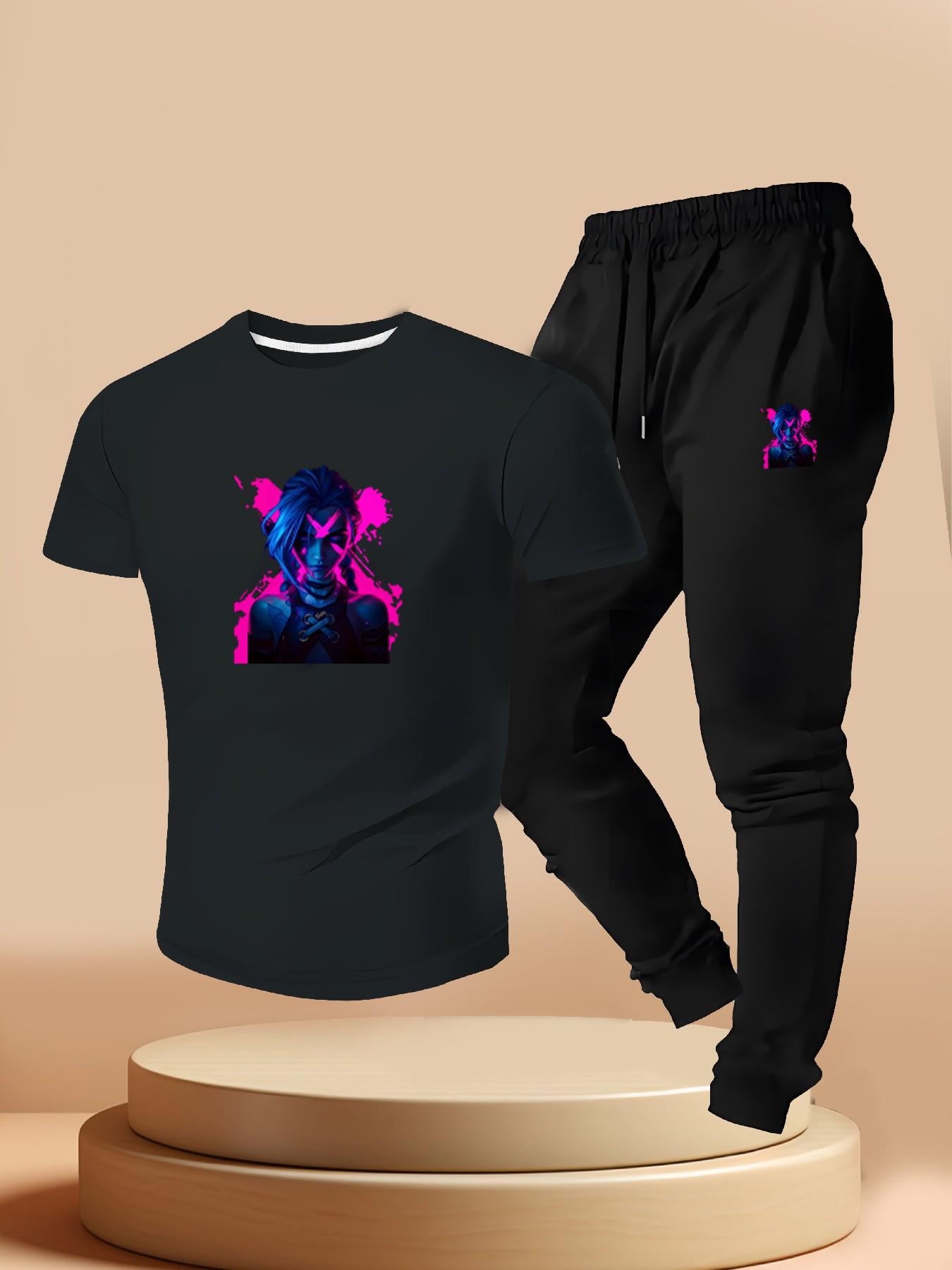 Cyberpunk Neon Gold Khione League of Legends Print, Casual Short Sleeve T-Shirt + Jogger Pants Set, Summer Gamer Style