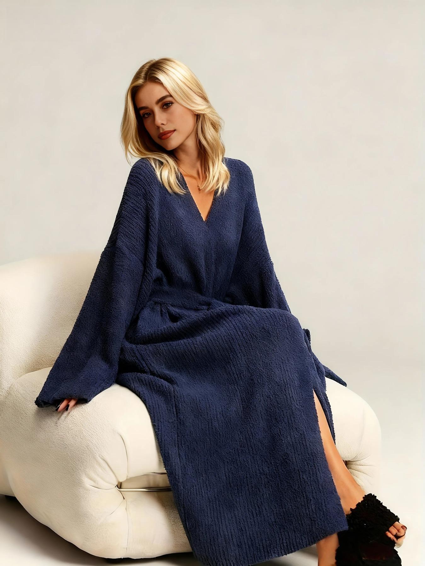 【COZY Soft Plush Feel】Women's Solid Color Thickened  Thermal Lined Long Sleeve Drop Shoulder Bathrobe, Oversize Loose Casual Soft Comfortable Thermal Warm Pocket Belted V Neck Dressing Gown for Women, Ladies Sleepwear for Winter