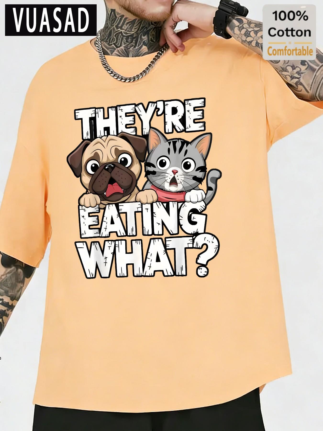 Men's Casual Cotton Short Sleeve T-Shirt, Pet Cat Dog Slogan Print, Loose Fit, Street Style, Half Sleeve Top, Trendy Fashion