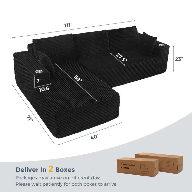 [Hot Sale]MAXYOYO 104" L-Shape Sectional Sofa, Corduroy Cloud Modular Couch, 104"*65"*31.5", 2 Cupholders Design, Cozy for Living Room or Apartment
