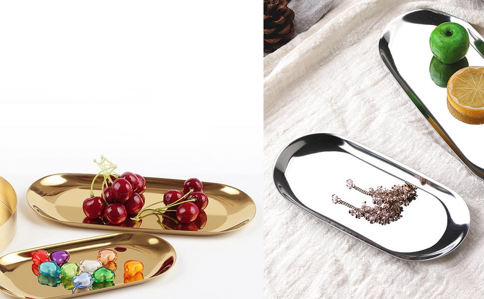 2 Pack 7 Inch Gold Oval Stainless Steel Decorative Tray Jewelry Dish Cosmetics Organizer Small Serving Platter for Bathroom Vanity Storage Durable Mirror Polishing Process 2 Pack 7 Inch Gold Oval Stainless Steel Decorative Tray Jewelry Dish Cosmetics Organizer Small Serving Platter for Bathroom Vanity Storage Durable Mirror Polishing Process
