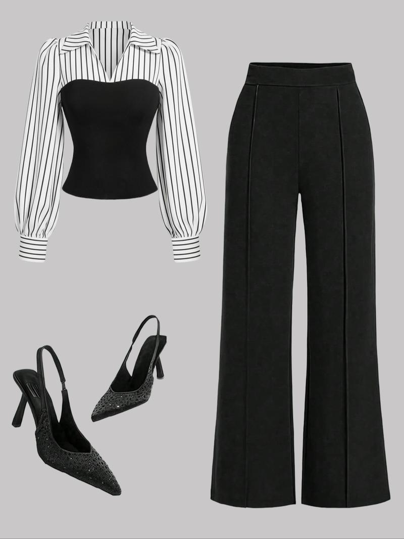 Women's Fall New Simple Style Bubble Sleeve Lapel Striped Colorblock Fitted Top Elastic Waist Loose Long Pants Set