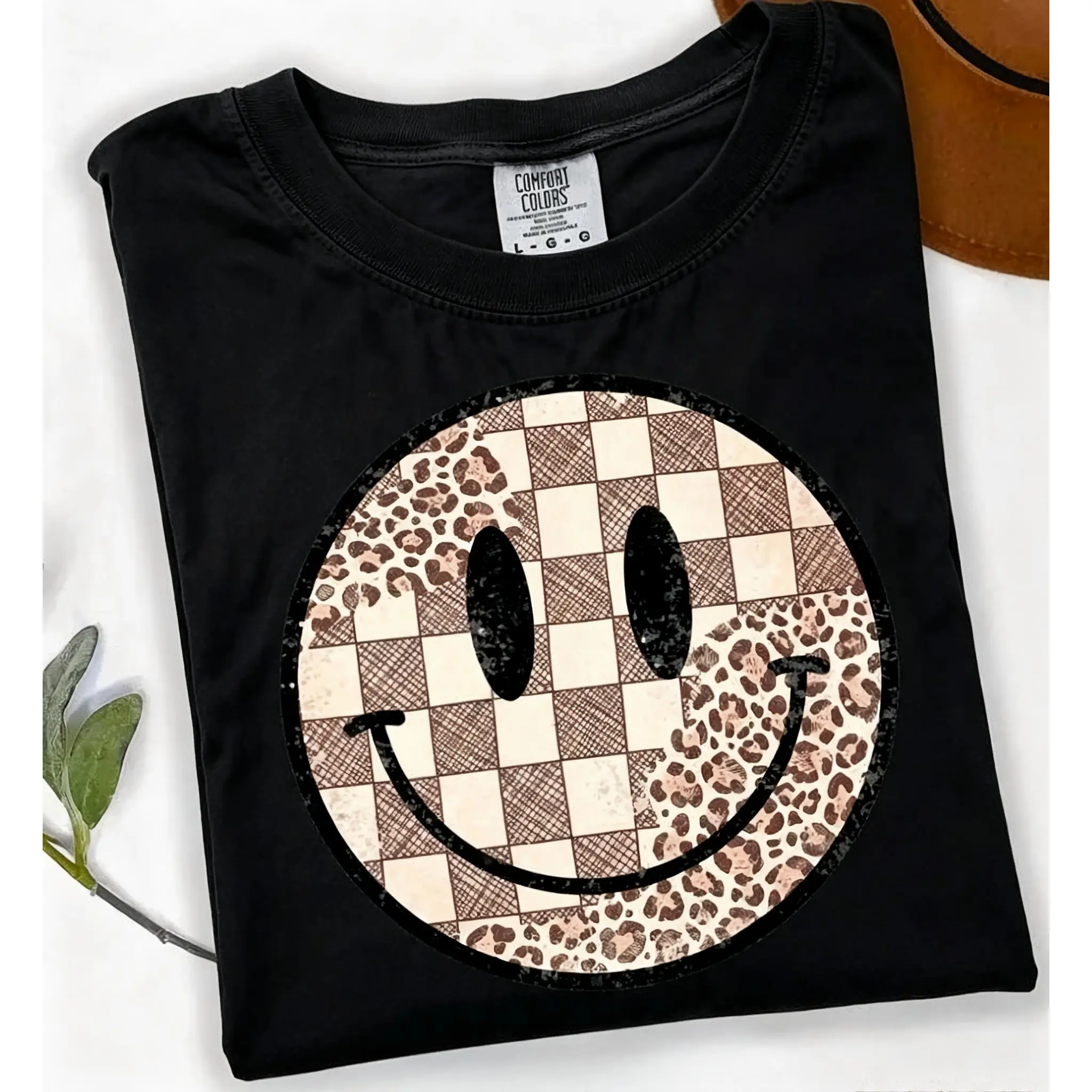 Comfort Colors Retro Smiley Face T-shirt, Leopard Print Shirt, Checkered Smiley Face Shirt, Gift For Her, Women's T-shirt, Smiley Face