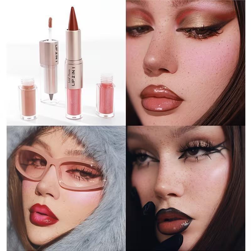 2-in-1 Dual-Ended Lip Gloss & Lipstick - Matte lip liner to outline lips, mirror-like glossy lip gloss, long-lasting color that doesn't smudge on cups, berry tones, anti-slip bullet design, 8 colors available, Cosmetic, Lip Product