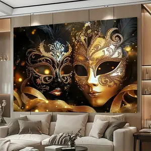 1PC，Venice Carnival Black and Gold Mask Ball Background Banner (Polyester) - Carnival-themed decoration, suitable for photo booths, parties, birthdays, celebrations, and indoor/outdoor family holiday party decorations. Carnival ornaments.