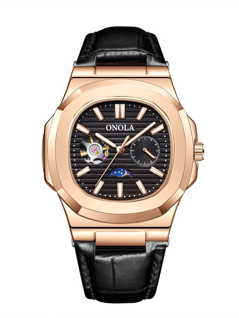 Onola Men's Fashion Business Mechanical Watch, Hollow Out Tourbillon Design, Automatic Wind-Up, 3atm Water Resistant, Fashionable Waterproof Watch, Perfect Christmas Gift