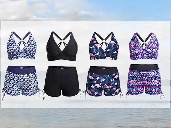 Holipick Women Three Piece Plus Size Tankini Swimsuits Tummy Control Bathing Suits with Sports Bra with Boy Shorts