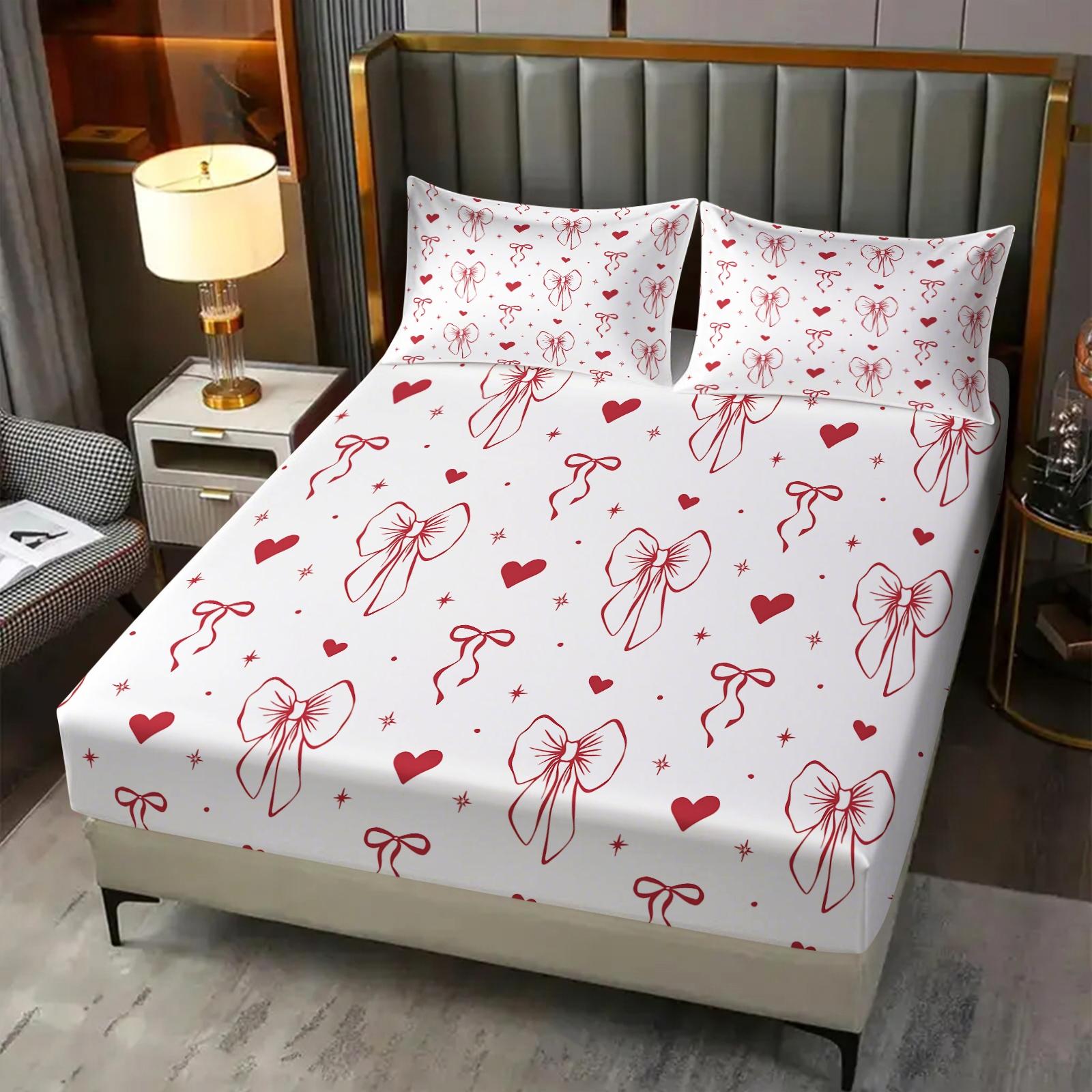 3Pcs Minimalist Bow Print Fitted Sheet Set, Cute Heart-Accented Bed Sheets for Bedroom, Warm Gift for Girls and Women
