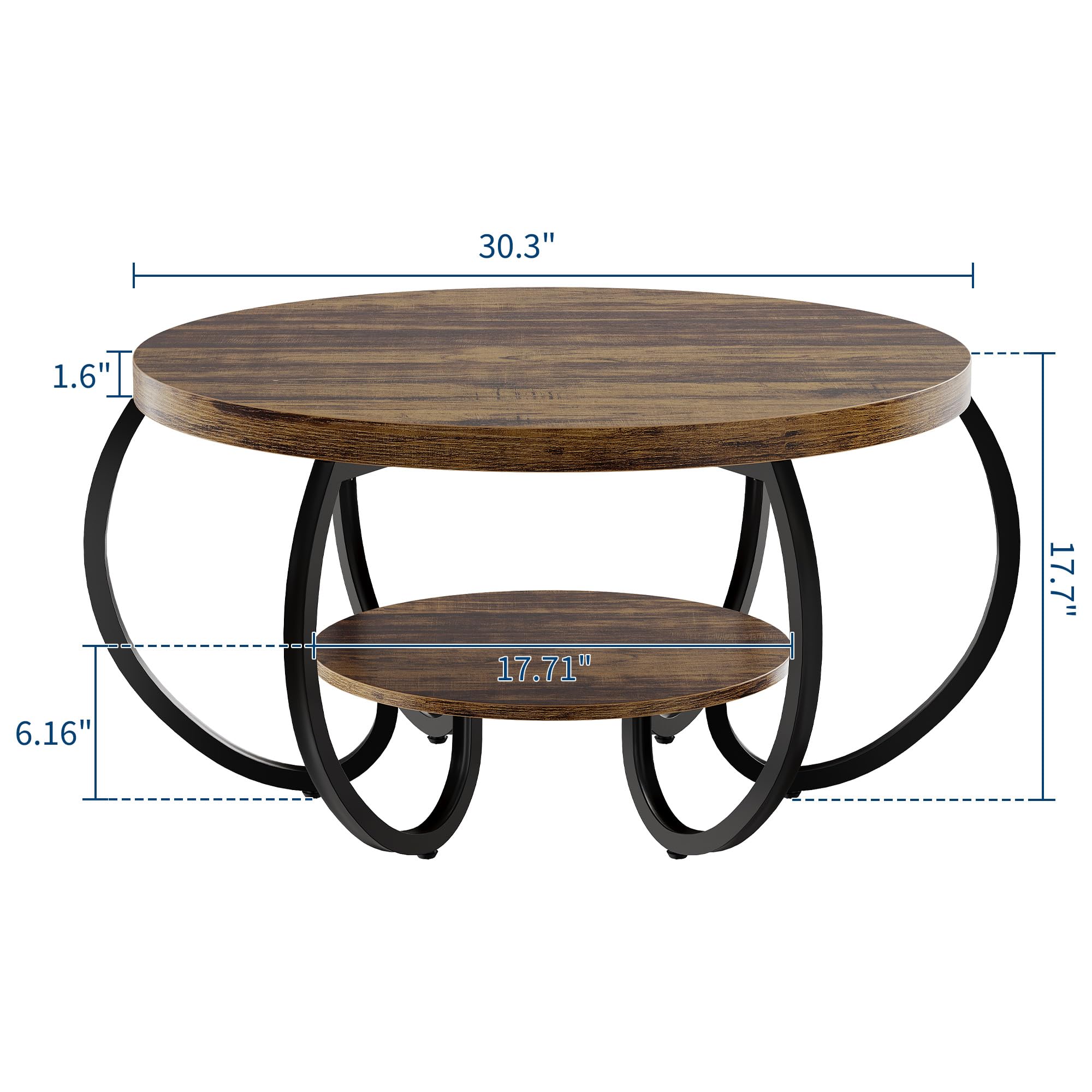 30 Inch Round Farmhouse Coffee Table with Storage Shelf, 2 Tier Rustic Wood Center Table with Curved Metal Legs, Compact Living Room Furniture for Small Spaces Apartments Office