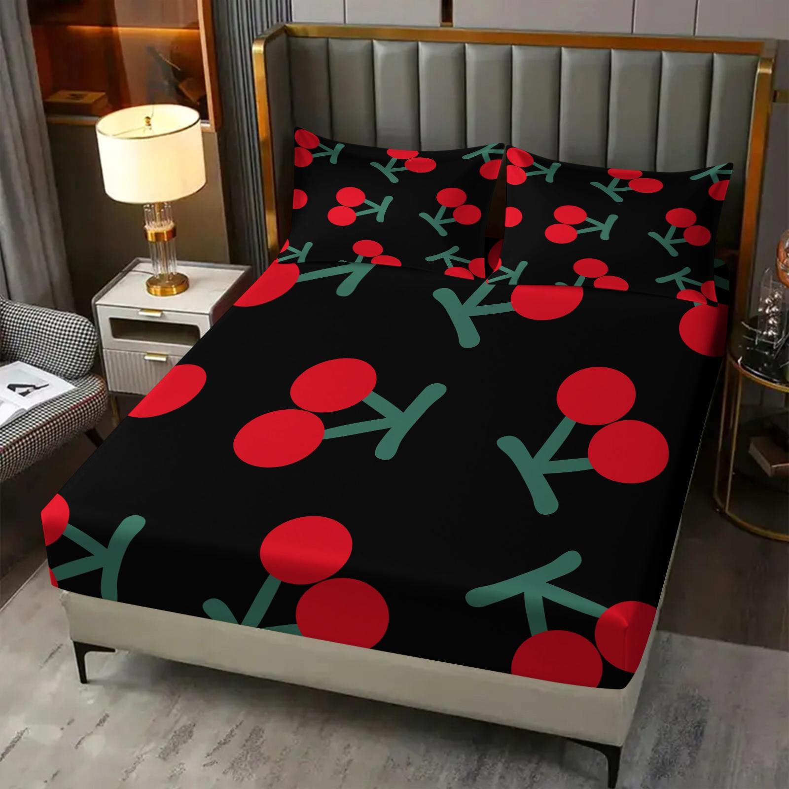 3 Pcs Compact Cherry Pattern Printed Bed Sheet Set,Includes 1 Fitted Sheet & 2 Pillowcases without Filler,Cute and charming design, soft and comfortable, suitable for all seasons,A perfect gift for children and teenagers, multiple styles available.