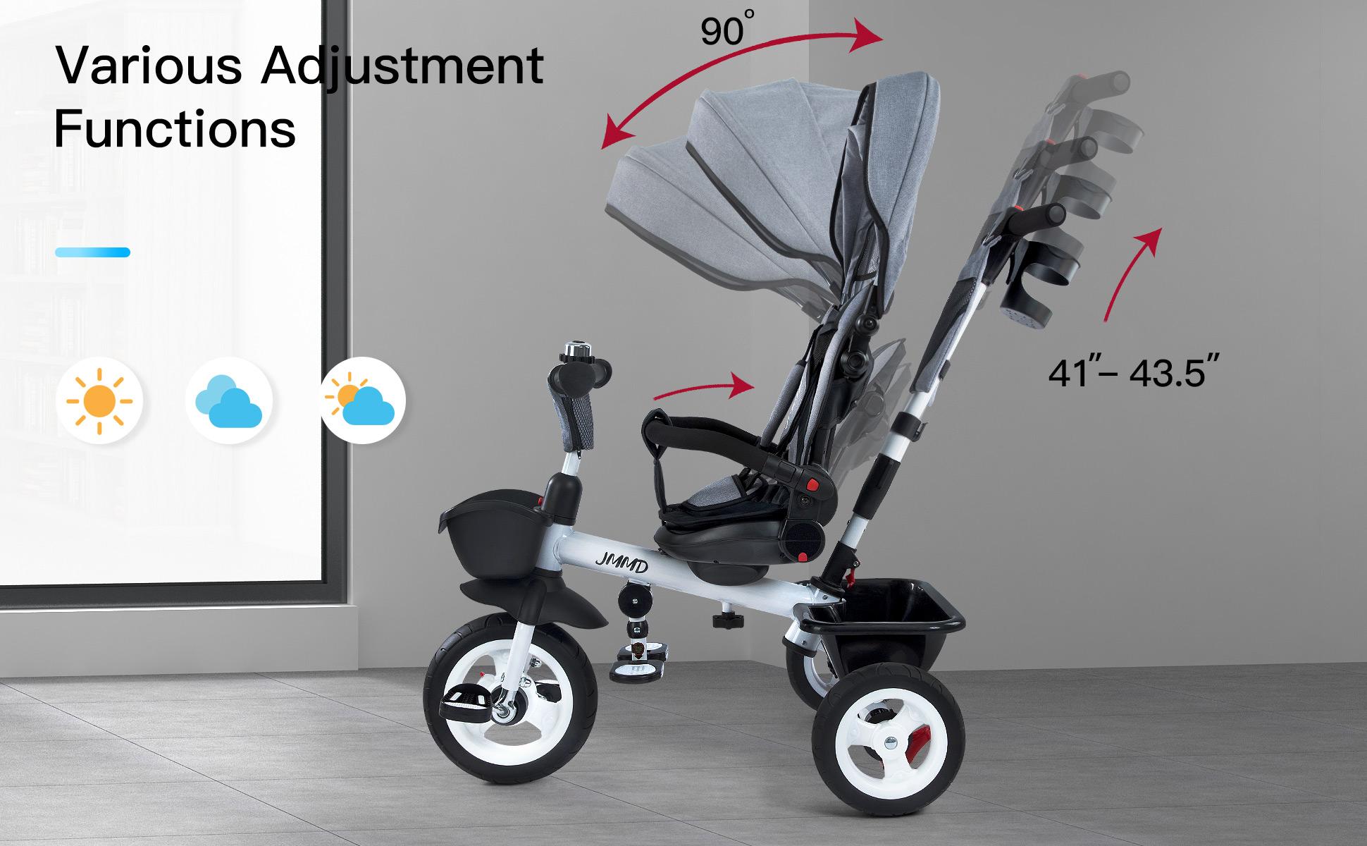 JMMD Baby Trike, 6-in-1 Kids Tricycle with Adjustable Push Handle, Removable Canopy, Safety Harness for 18 Months - 5 Year Old, Gray