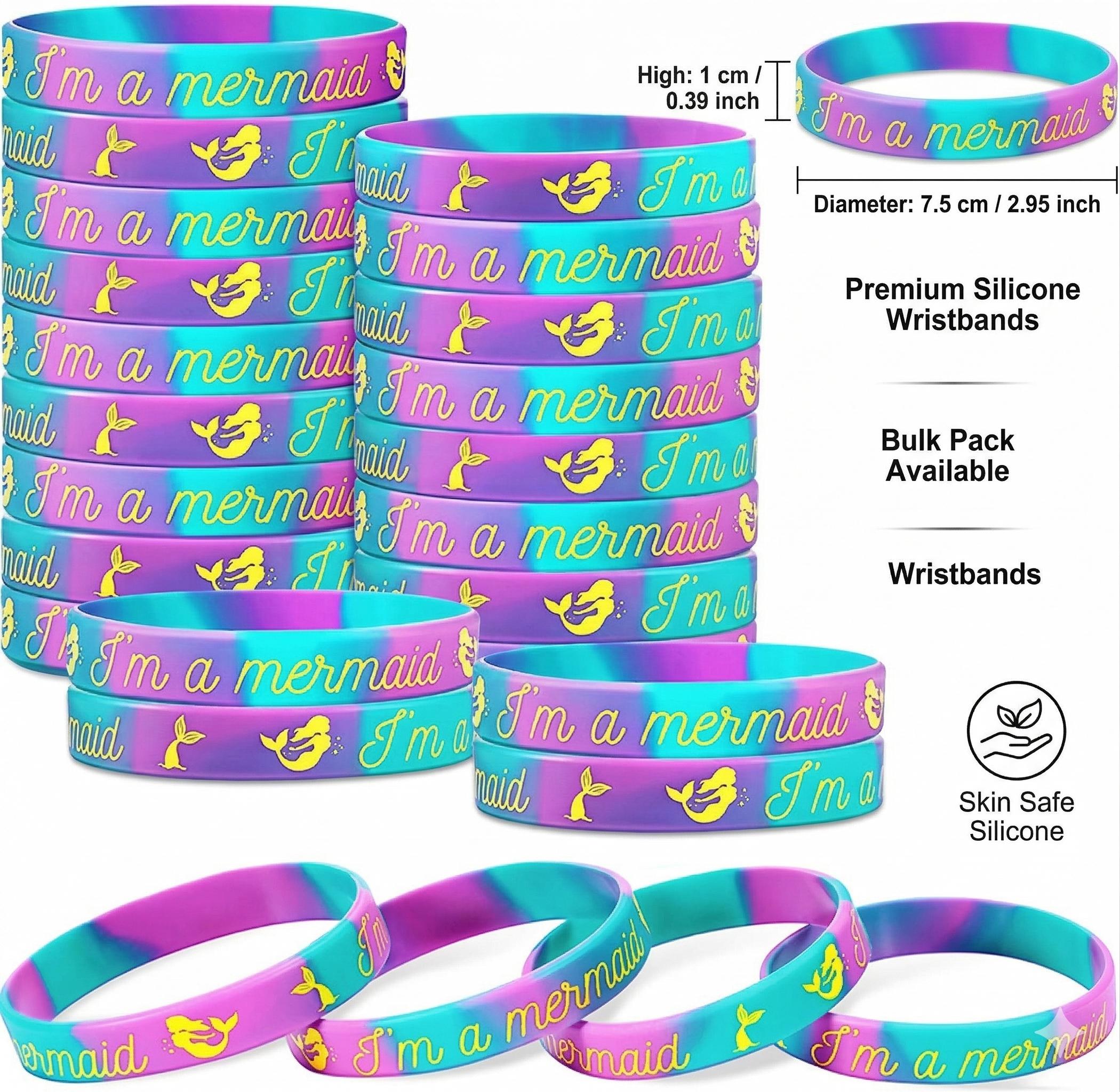24 Pcs Kids Mermaid Silicone Bracelets, Marble Rubber Bands, Ocean Theme Party Gifts, Birthday Favors, Classroom Rewards